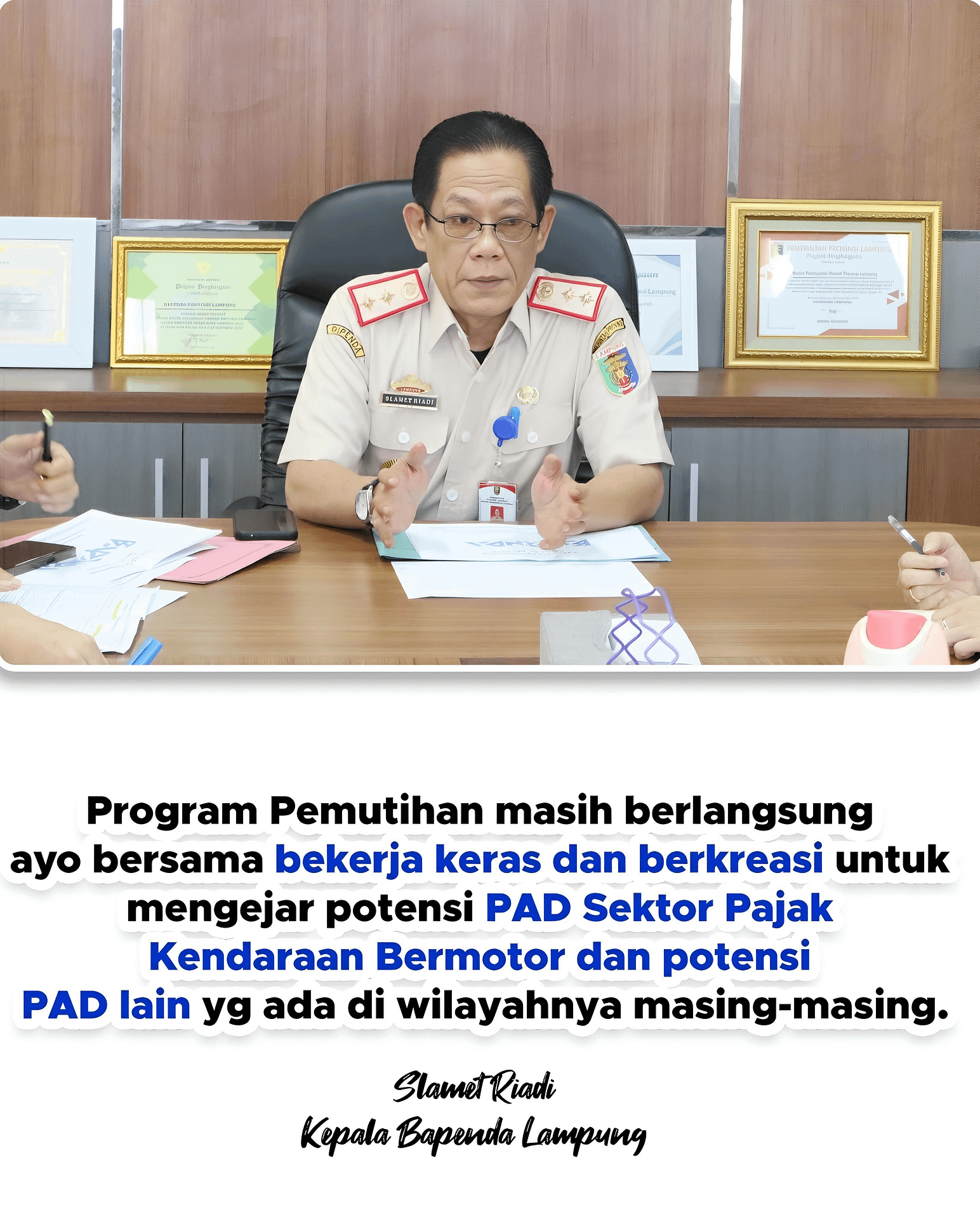 Genjot PAD dan Kenyamanan Wajib Pajak, Kaban Bapenda Slamet Riadi Instruksikan Jajaran untuk Inovasi dan Pelayanan Prima